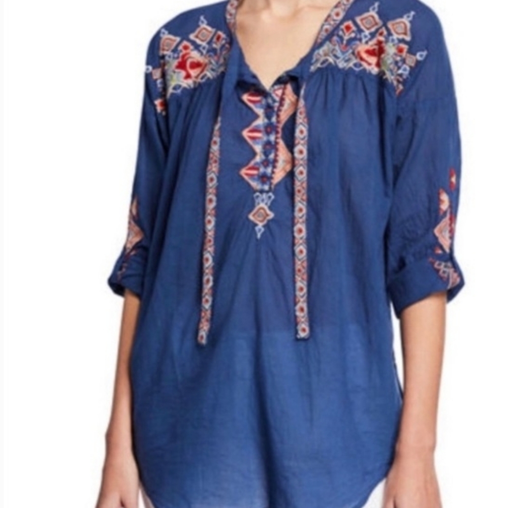 Johnny Was Blue Embroidered Long Sleeve Blouse Size S